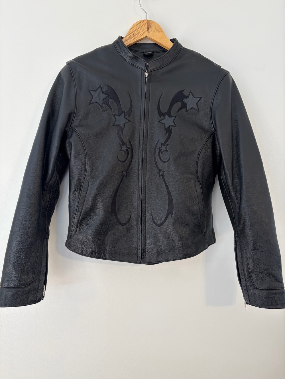 First Classics Genuine Leather Moto Jacket XS Black Star Flame Graphic